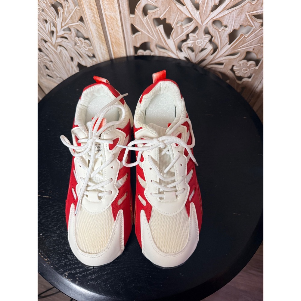 DENIMASR Mens Low Top Athletic Sneakers Red White Colorblock Mesh Gold Accent - Picture 3 of 11